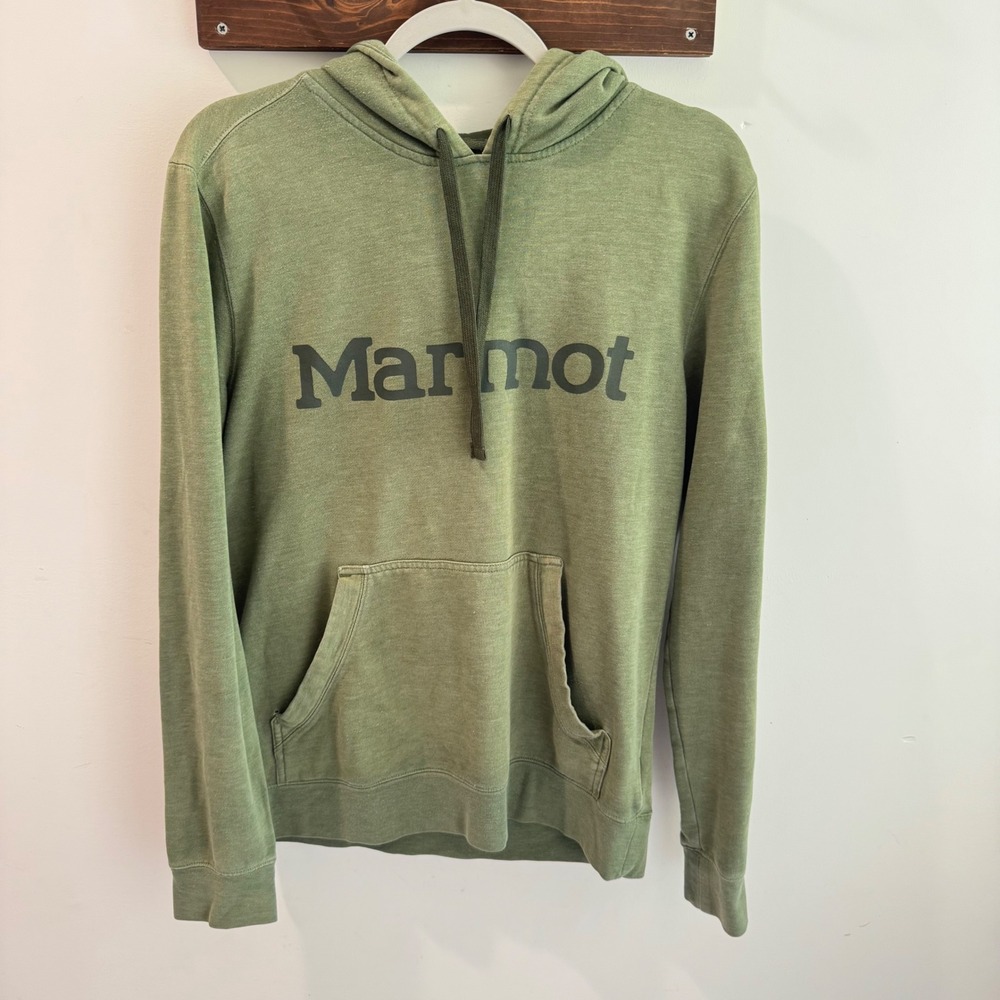 Marmot Mens Logo Pullover Hoodie Olive Green Heather Fleece Sweatshirt Size S